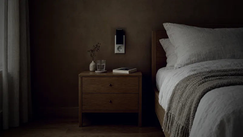 Samme soverom om kvelden med lampen tent