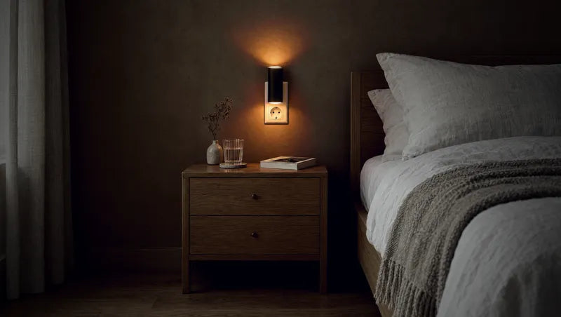 Samme soverom om kvelden med lampen tent