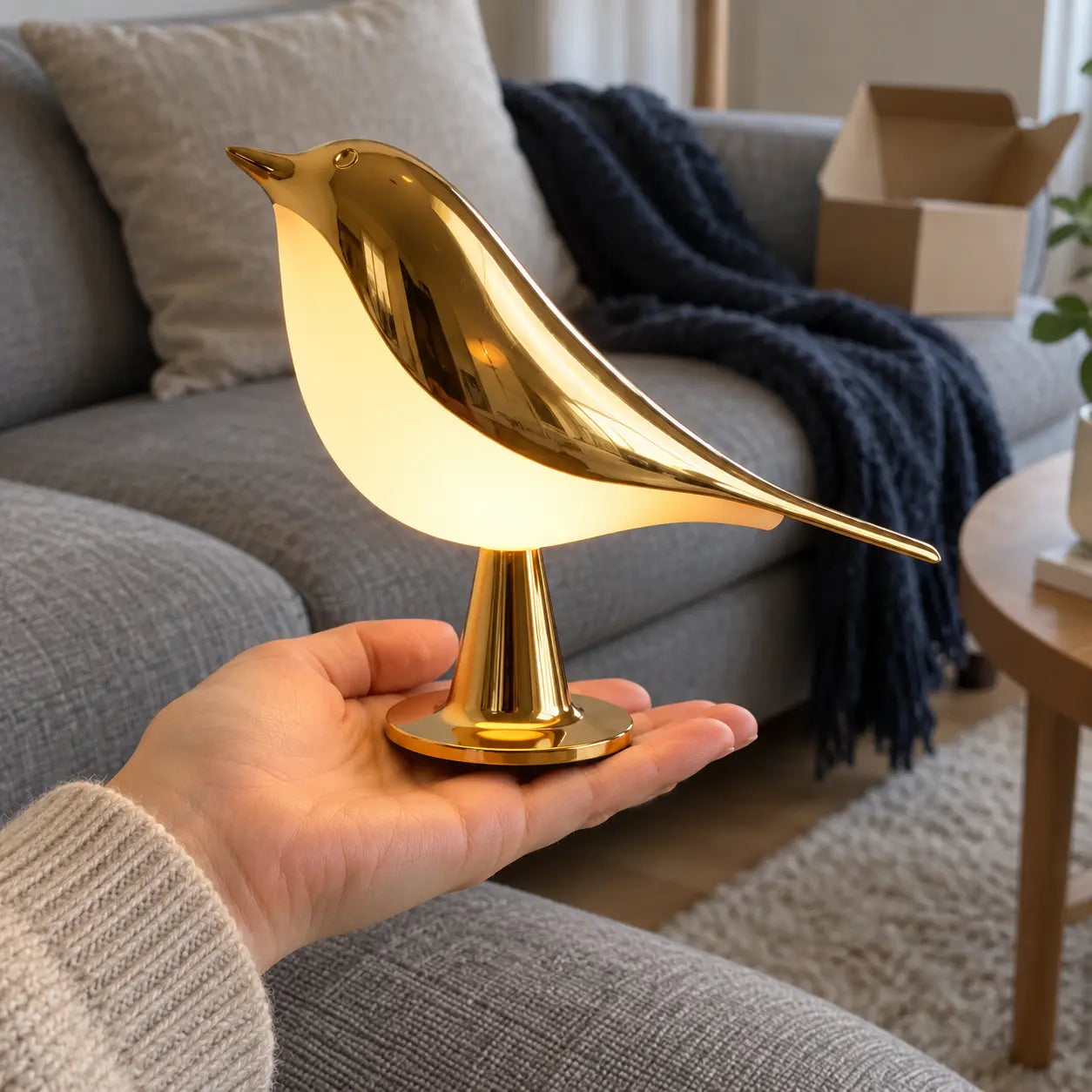 Svala i gull holdt i hånden i stua, rett ut av esken
