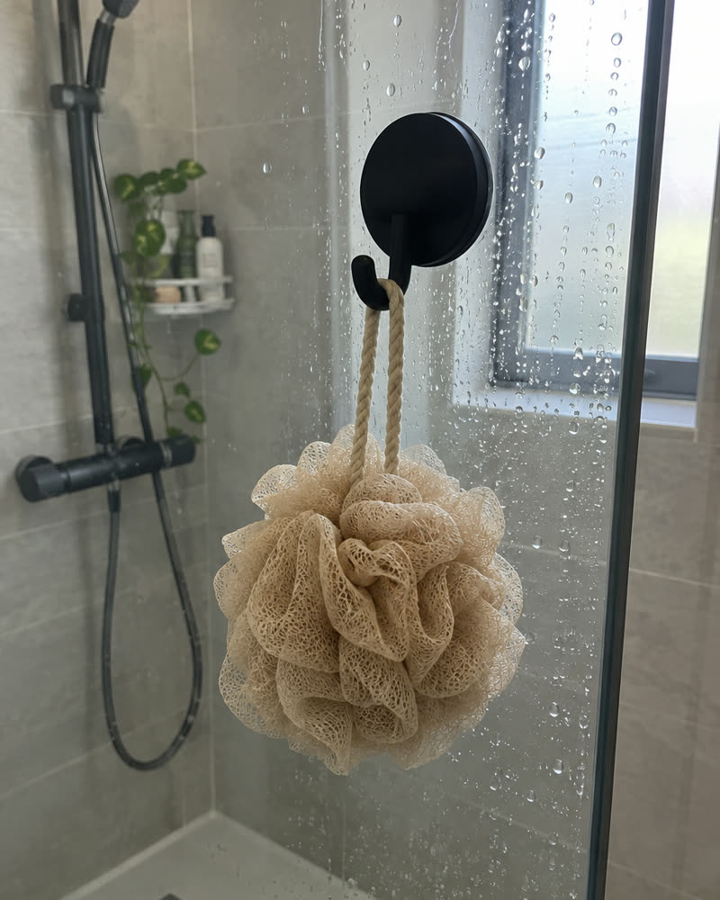 Svart Wove-krok på en dusjvegg i glass med en beige svamp