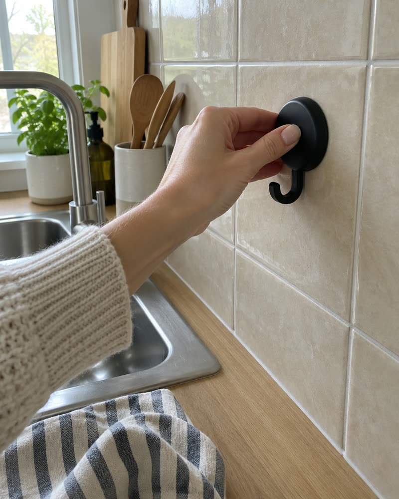 Hånd som trykker fast en svart Wove-krok på beige kjøkkenfliser