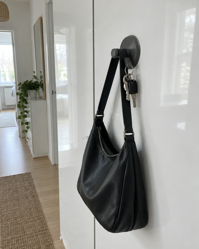 Wove-krok i gunmetal på en hvit garderobedør med en svart veske og nøkler